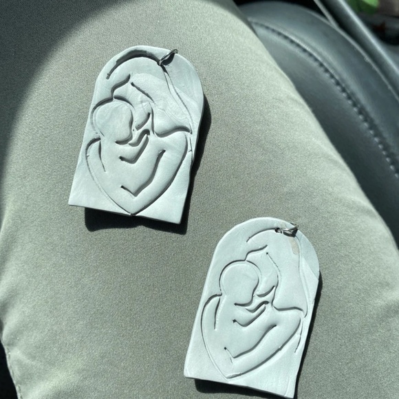 Handmade Clay Earrings | Large Arch | Grey Motherhood Style| Hook Backs - Picture 2 of 4